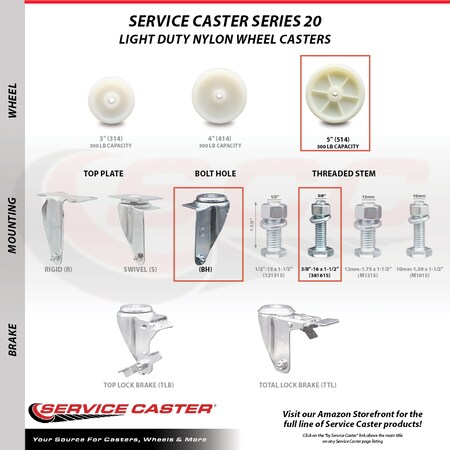 Service Caster 5 Inch SS Nylon Wheel Swivel 3/8 Inch Threaded Stem Caster Wheel SCC-SSTS20S514-NYS-381615